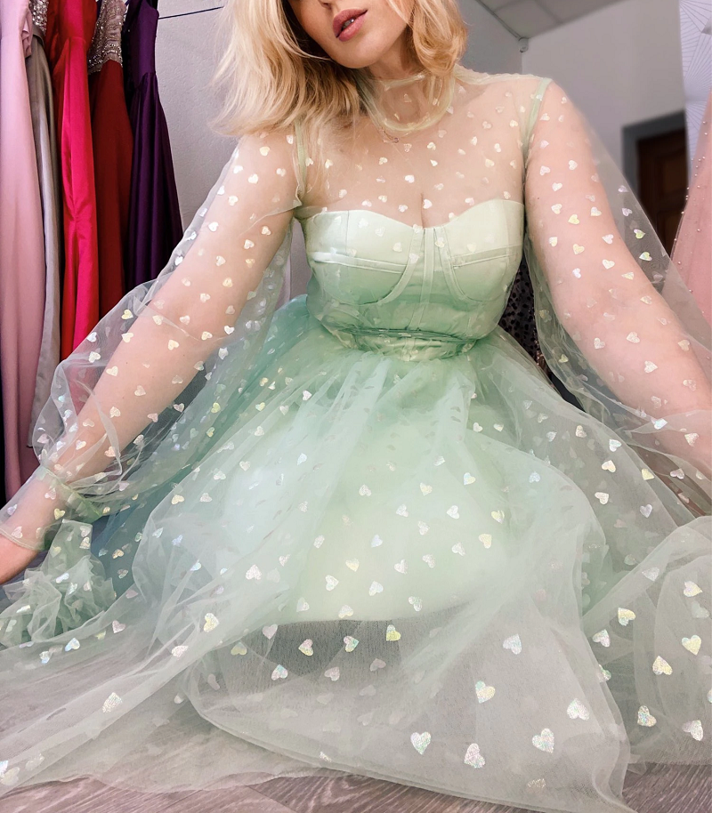 Light Green Short Tulle Prom Dresses,Long Sleeve Homecoming Party Dress