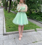 Light Green Short Tulle Prom Dresses,Long Sleeve Homecoming Party Dress