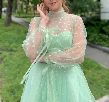Light Green Short Tulle Prom Dresses,Long Sleeve Homecoming Party Dress