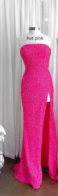 Strapless Pink Sequins Prom Dress with Slit Mermaid Graduation Dresses