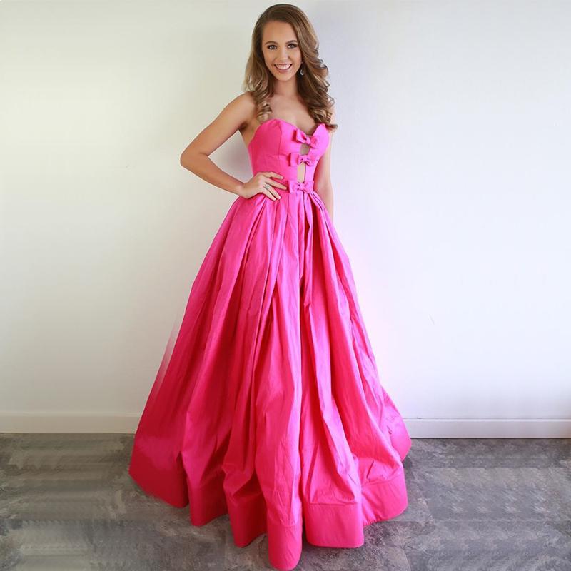 Hot Pink Strapless Sweetheart With Cute Bow Ties A-line Long Prom Dress