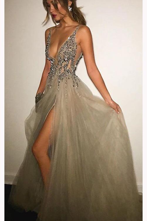 Gray Deep V-neck Side Slit Prom Dresses,Tulle Sleeveless Formal Dress With Sequins and Beads
