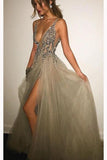 Gray Deep V-neck Side Slit Prom Dresses,Tulle Sleeveless Formal Dress With Sequins and Beads