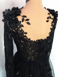 Black Floral Gothic Wedding Dress,Long Sleeve Formal Dress