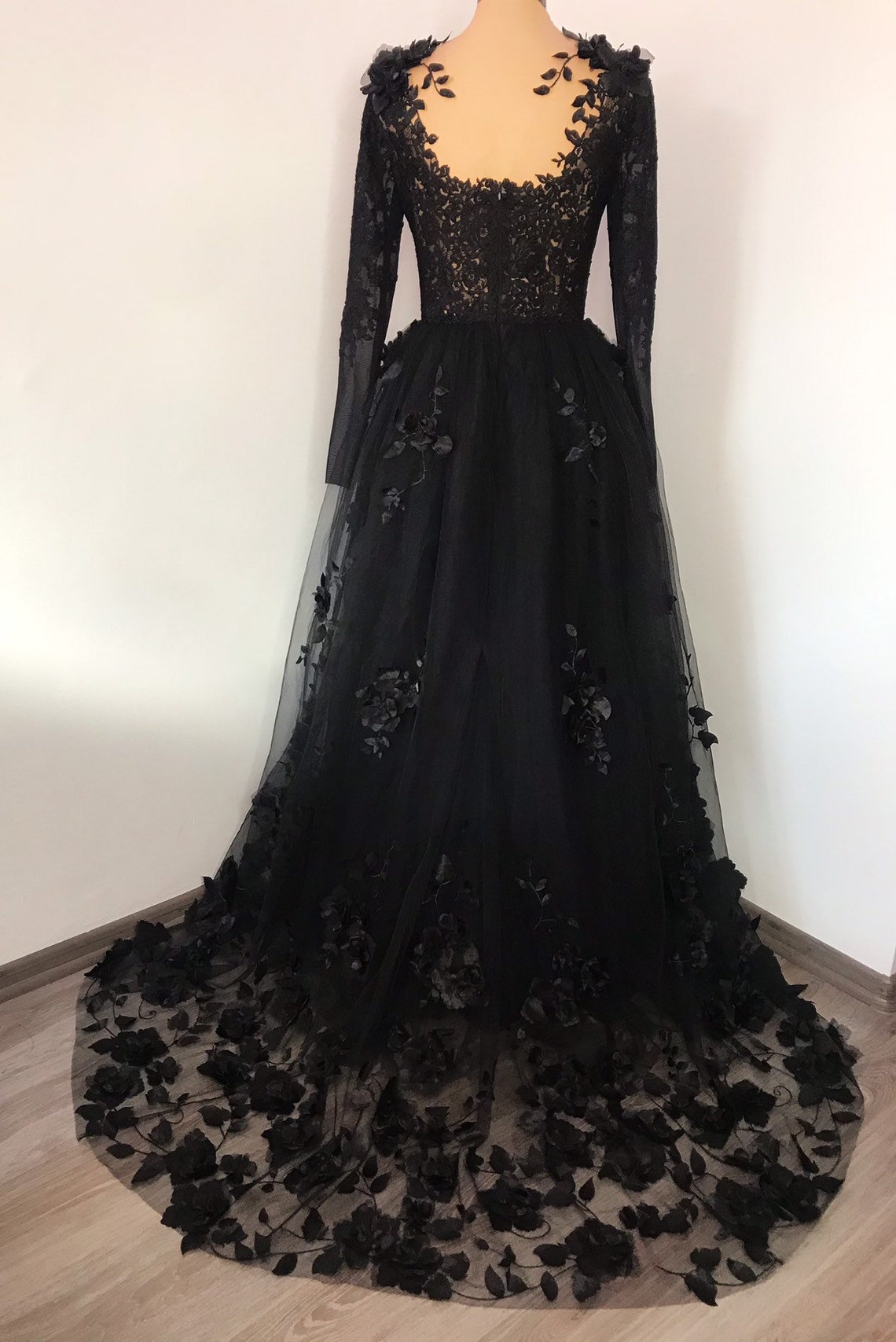 Black Floral Gothic Wedding Dress,Long Sleeve Formal Dress – jkprom