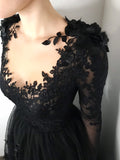 Black Floral Gothic Wedding Dress,Long Sleeve Formal Dress