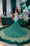 Charming V-neck Green Mermaid Prom Dress with Feather