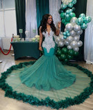 Charming V-neck Green Mermaid Prom Dress with Feather