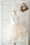 Ivory Lace Champagne Tulle Short Knee Length Wedding Flower Girl Dress