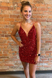 Red-Sequin-V-Neck-Lace-Up-Short-Party-Dresses