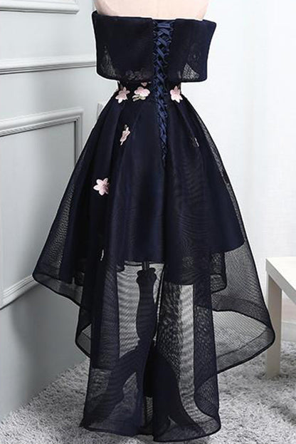Unique A-Line High Low Dress Formal Ball Gowns Navy Blue