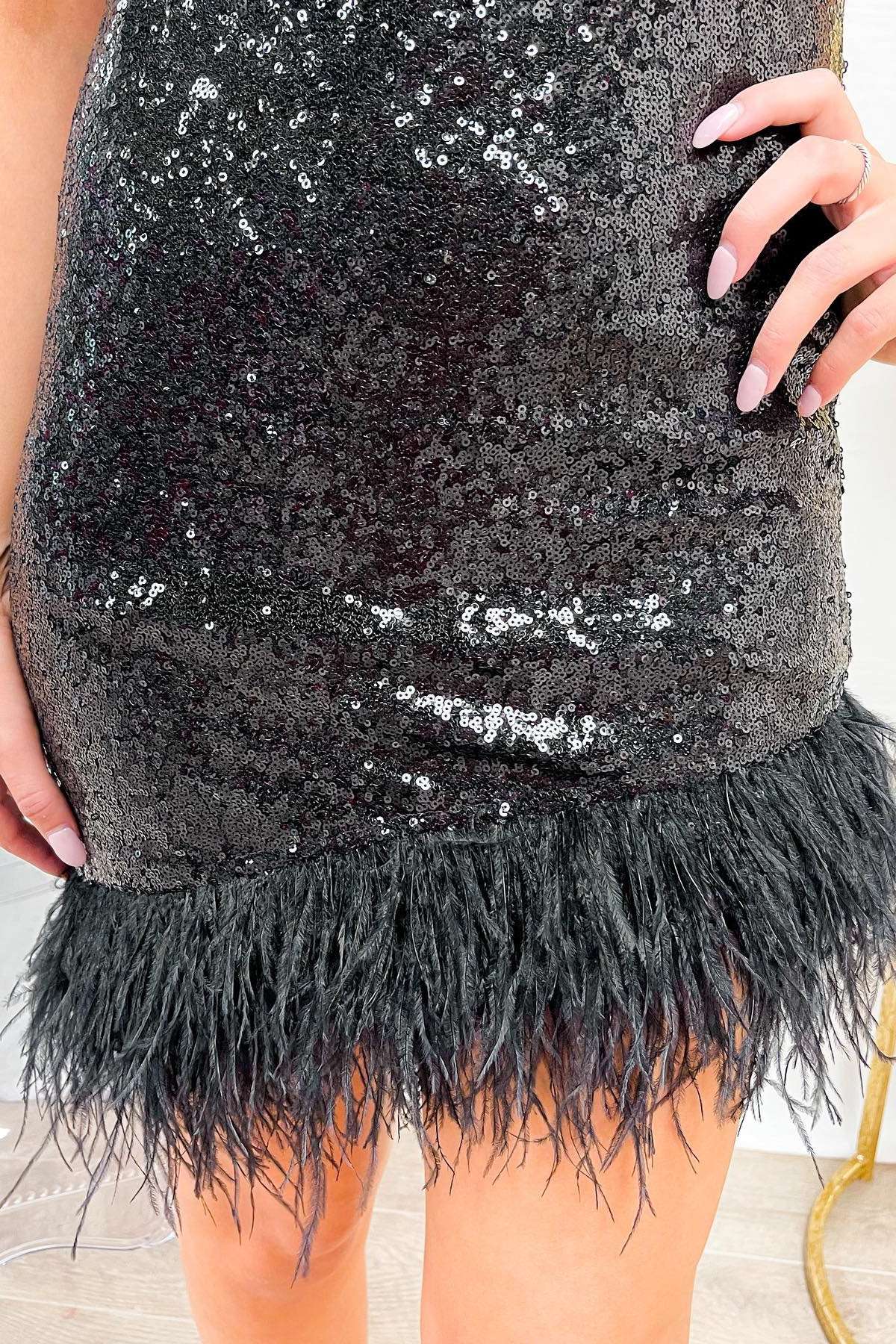 Black Sequin Open Back Cocktail Dress with Feather Semi Formal Dresses