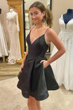 Black-V-Neck-Spaghetti-Straps-Short-Homecoming-Dress-with-Pockets