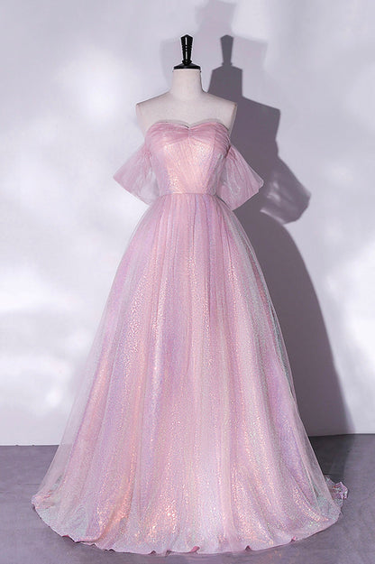 Pink Tulle Sequins Long Prom Dress,A-Line Formal Graduation Dress