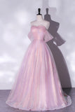 Pink Tulle Sequins Long Prom Dress,A-Line Formal Graduation Dress