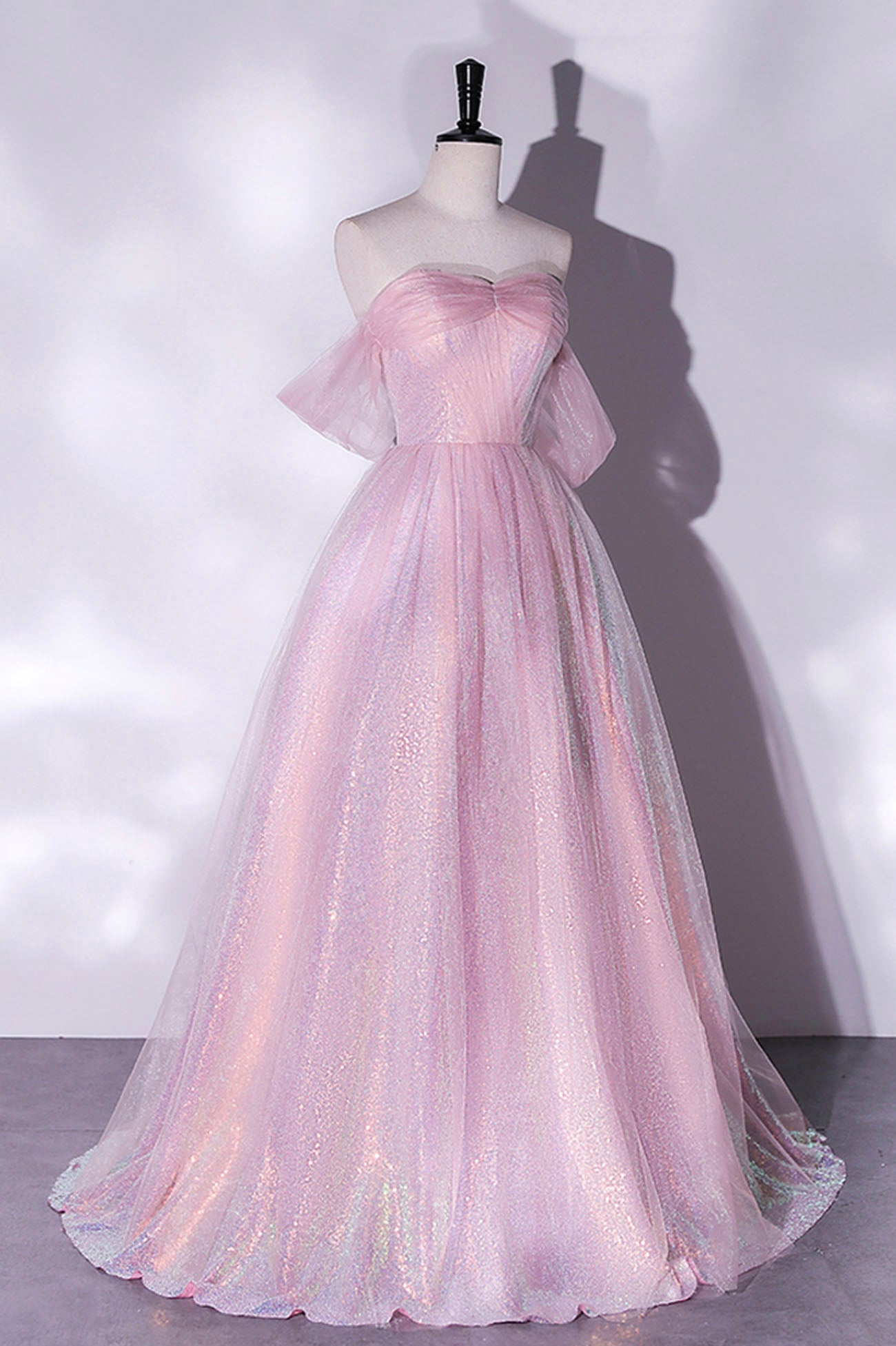 Pink Tulle Sequins Long Prom Dress,A-Line Formal Graduation Dress