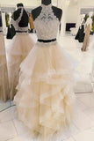 Lace Two-piece Champagne Prom Dresses with Horsehair Skirt,Quinceanera Dress,Birthday Dresses