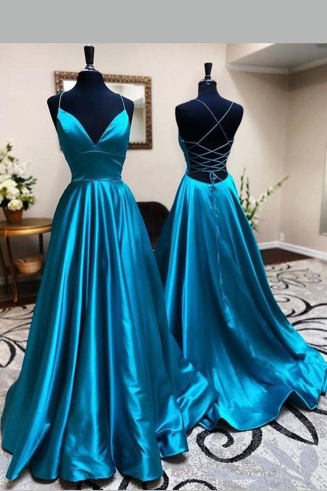 Lace-up Back Blue Prom Dresses Long vestido de noite