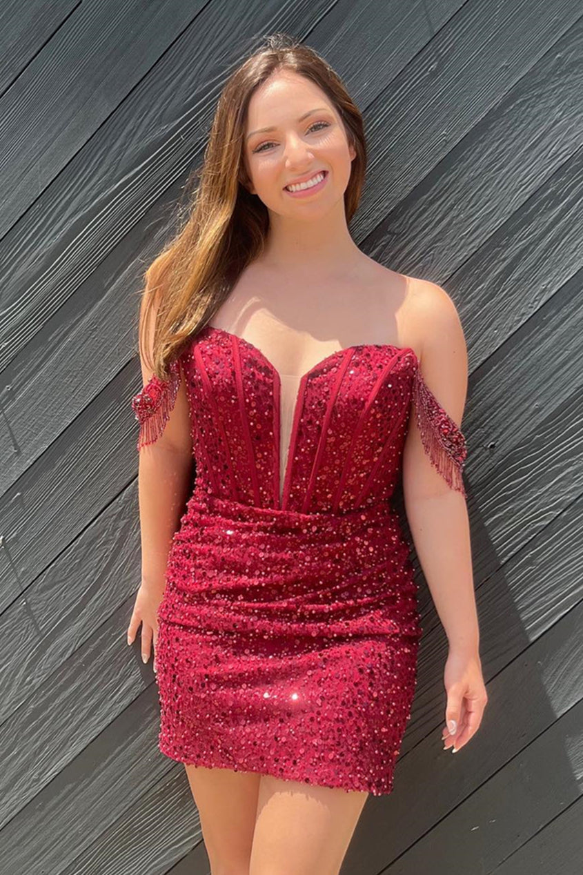 Wine Red Sequins Off-the-Shoulder Sheath Homecoming Dress with Tassels – jkprom