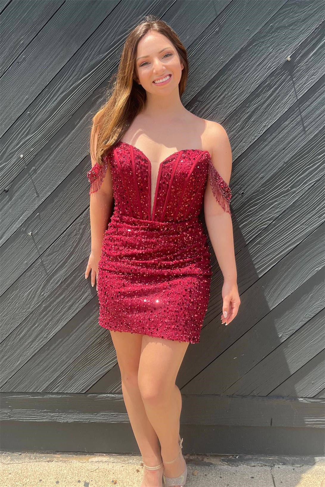 Wine Red Sequins Off-the-Shoulder Sheath Homecoming Dress with Tassels jkprom Wine Red Sequins Off-the-Shoulder Sheath Homecoming Dress with Tassels jkprom