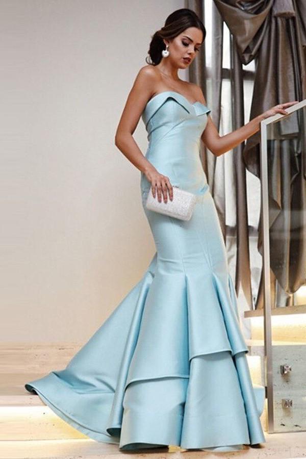 Light-blue Mermaid Style Evening Dresses with Fold Strapless
