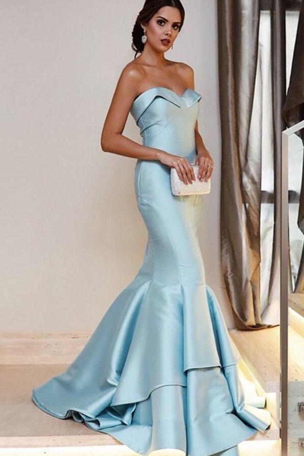Light-blue Mermaid Style Evening Dresses with Fold Strapless
