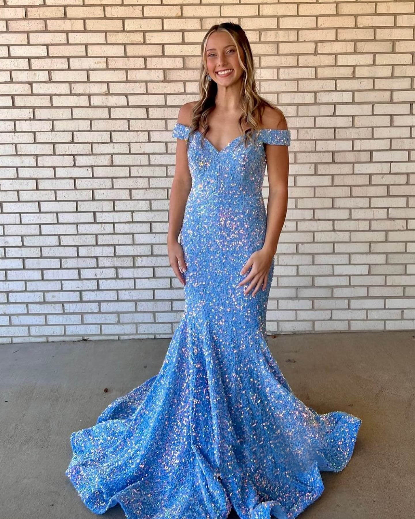 Light Blue Sequin Prom Dresses Mermaid Off the Shoulder Evening Dress