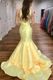 Light Yellow Satin Mermaid Evening Gowns with Tiered Skirt