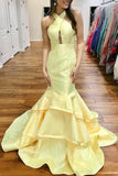 Light Yellow Satin Mermaid Evening Gowns with Tiered Skirt