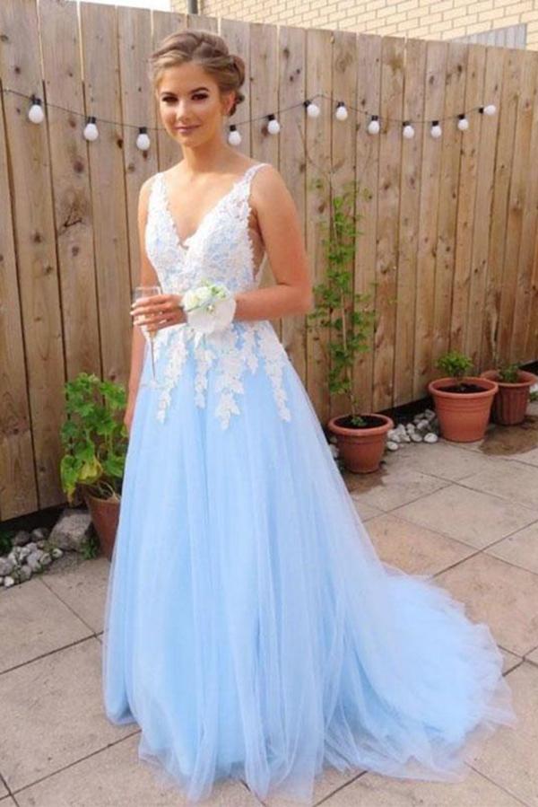 Light Sky Blue V Neck Long Tulle Prom Dress with Ivory Lace Appliques, Evening Gown