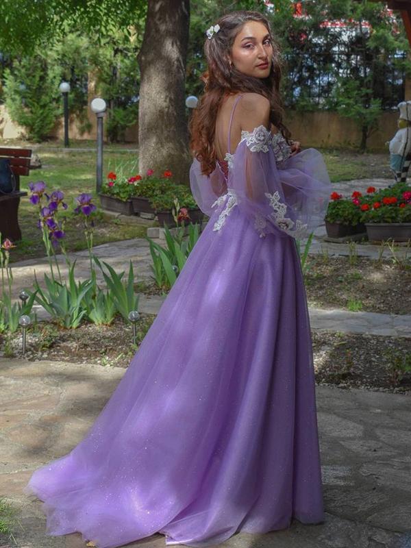 Lilac Floral Corset Top Off-shoulder Long Sleeves Side-slit A-line Long Prom Dress
