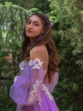 Lilac Floral Corset Top Off-shoulder Long Sleeves Side-slit A-line Long Prom Dress