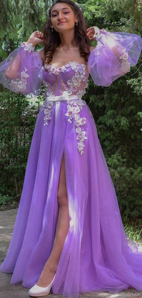 Lilac Floral Corset Top Off-shoulder Long Sleeves Side-slit A-line Long Prom Dress