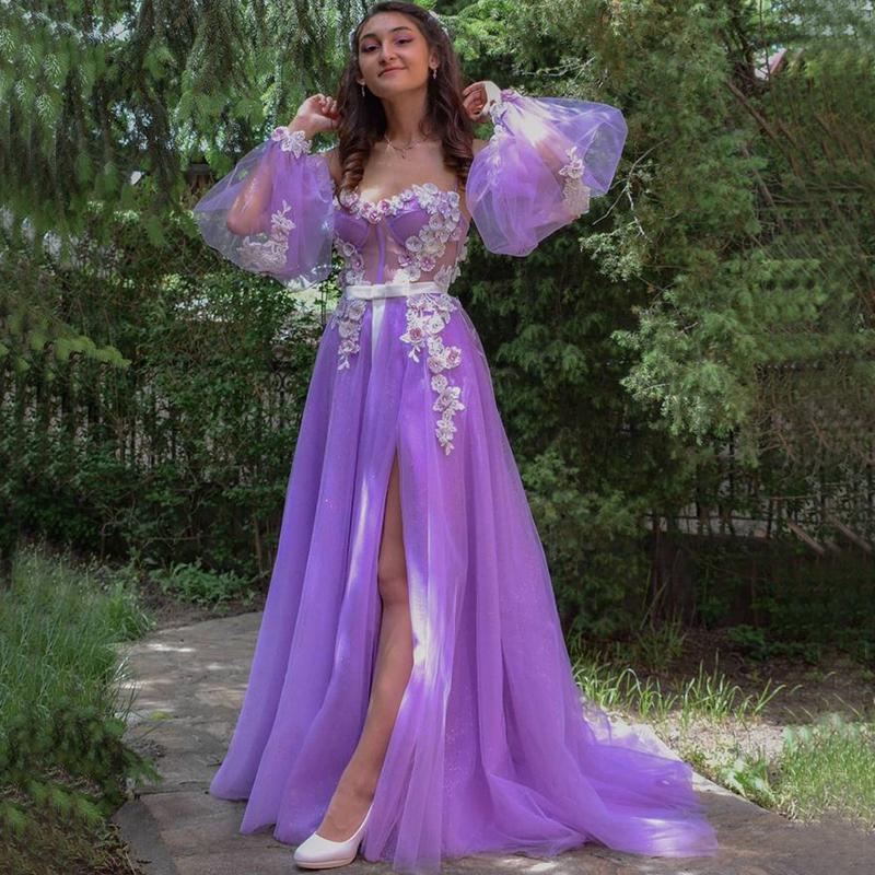 Lilac Floral Corset Top Off-shoulder Long Sleeves Side-slit A-line Long Prom Dress