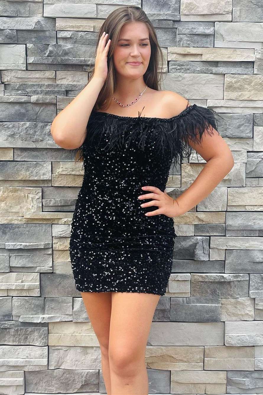Sexy Black Bodycon Hoco Dress Off Shoulder Glitter Cocktail Dresses with Feather