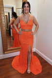 Orange Two Piece Double Straps Sequin Long Prom Dresses with Slit Sequin Formal Dress