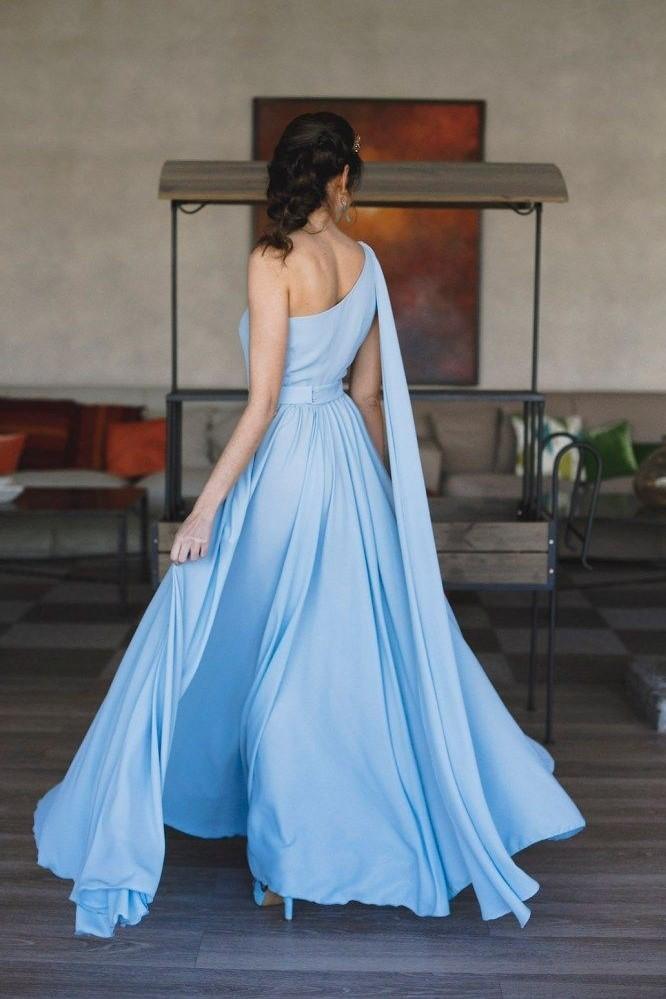 Long Ribbon One-shoulder Prom Dresses Chiffon Skirt