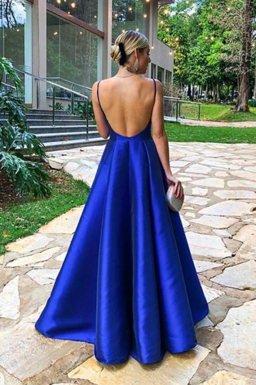 Low Back Royal Blue Satin Formal Dresses with Deep V-neckline