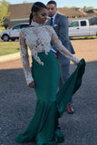 Mermaid Hunter Green Prom Gown with Sheer Lace Beaded Long Sleeves,Prom Dresses