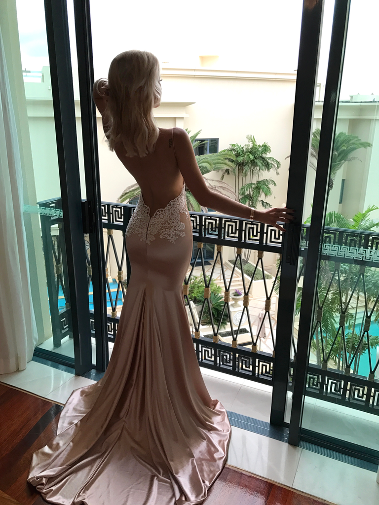 Mermaid Prom Gown with Ivory Lace Champagne Elastic Satin Skirt