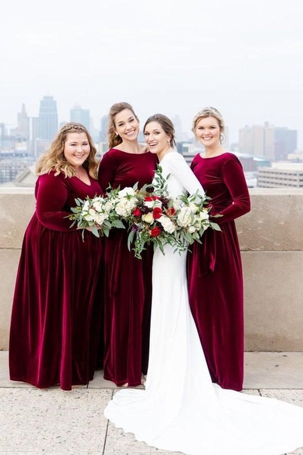 Modest Burgundy Bridesmaid Dresses with Long Sleeves