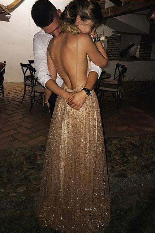 Spaghetti Strap Backless Sequins Prom Dress, Sexy Sparkly V Neck Party Dresses