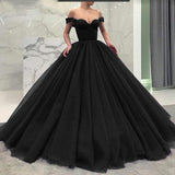 Off-the-shoulder Black Prom Gown with Puffy Tulle Skirt,Prom Dresses