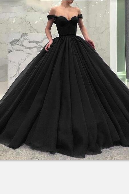 Off-the-shoulder Black Prom Gown with Puffy Tulle Skirt,Prom Dresses