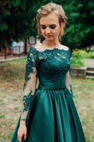 Off-the-shoulder Lace Long Sleeves Evening Dress Green Satin Skirt