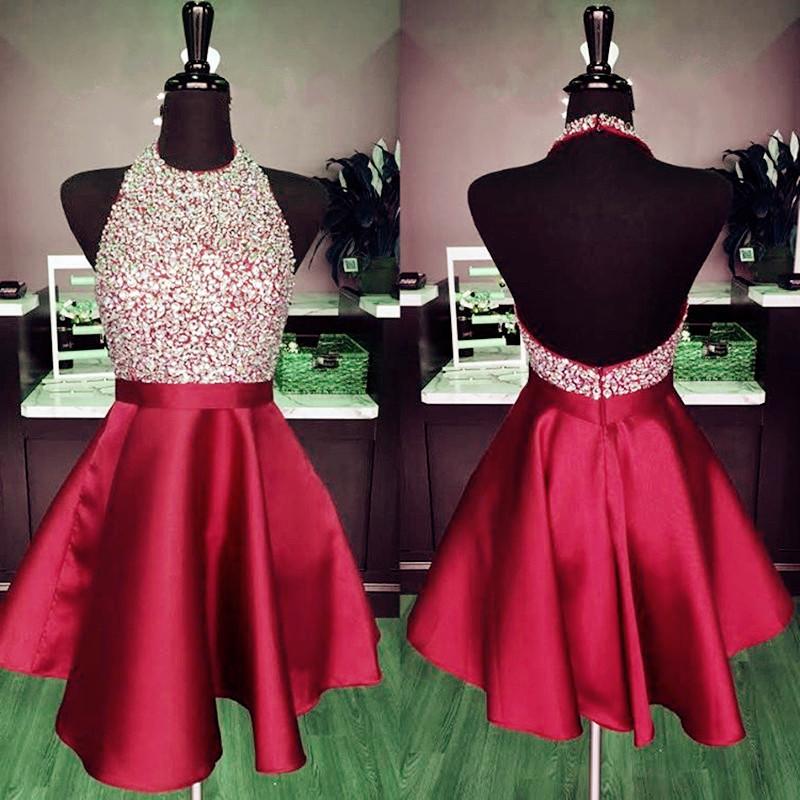 A-line Beaded Halter Satin Prom Dresses Short Open Back Homecoming Dre ...