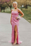 Pink Lace Appliqued Prom Dresses with Slit,Mermaid Spaghetti Strap Formal Dress