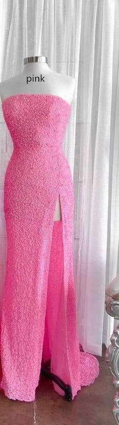 Strapless Pink Sequins Prom Dress with Slit,Sparkly White Night Dresses Party Event
