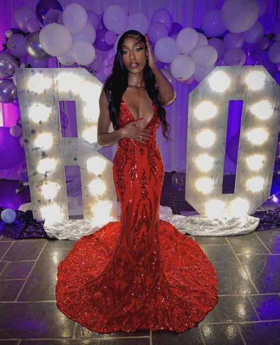 Glamorous Sequins Mermaid Evening Gowns Red Prom Dresses