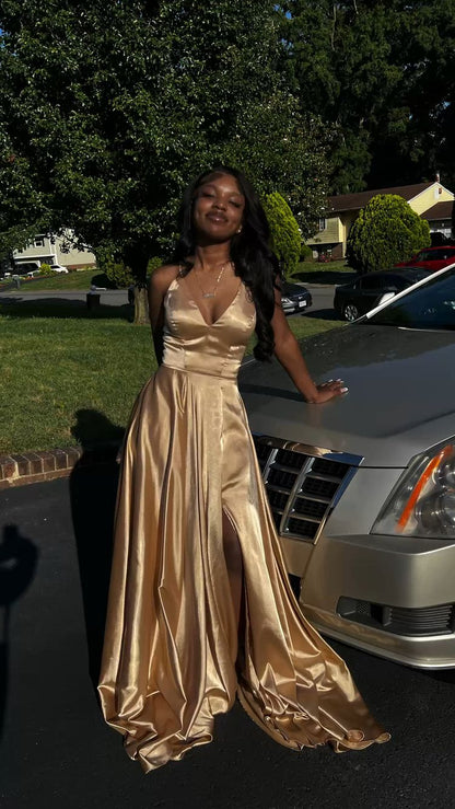 A Line V Neck Gold Satin Long Prom Dress,Formal Gown – jkprom
